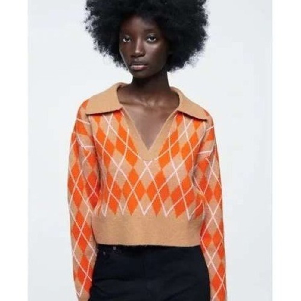 Zara Womens Argyle Cropped Sweater Size‎ L Alpaca Tan Orange Preppy 70s Geekchic
